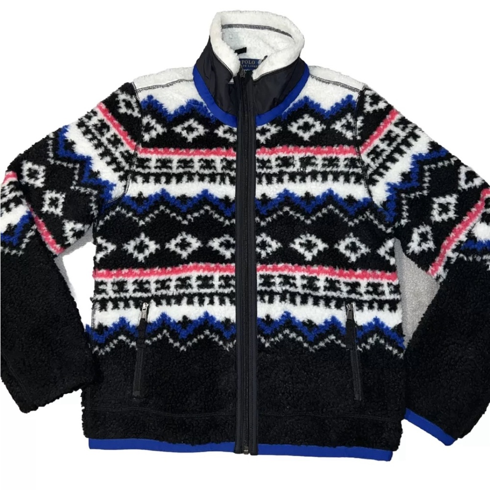NWT Polo Ralph Lauren Sherpa Black Multi Jacket Cowls Neck Size Small S
